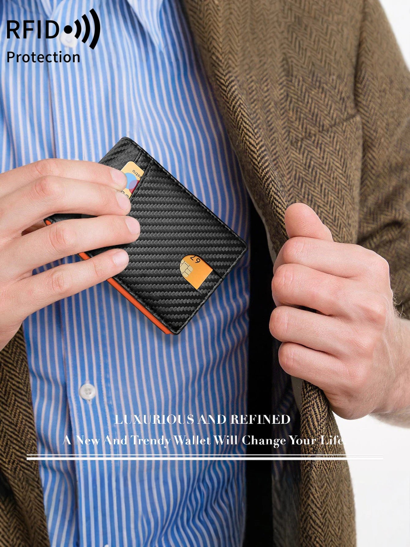 Carbon Fiber Minimalist Ultra-Thin Trifold Wallet RFID Men'S Wallet with ID Window and 13 Card Slots Coin Purse Card Holder