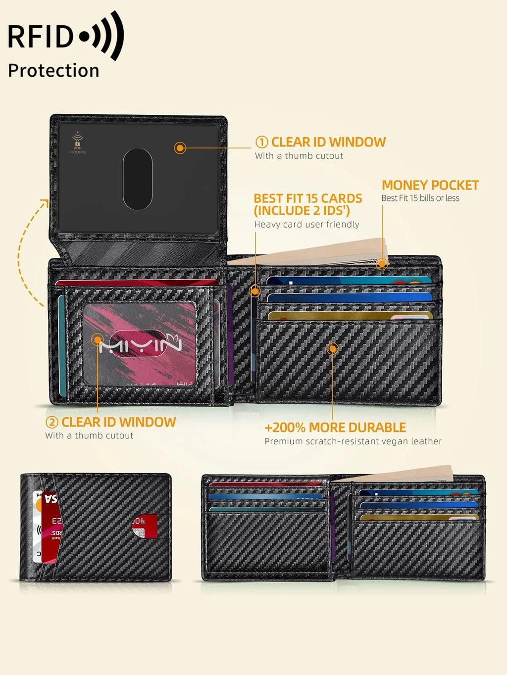 Carbon Fiber Minimalist Ultra-Thin Trifold Wallet RFID Men'S Wallet with ID Window and 13 Card Slots Coin Purse Card Holder