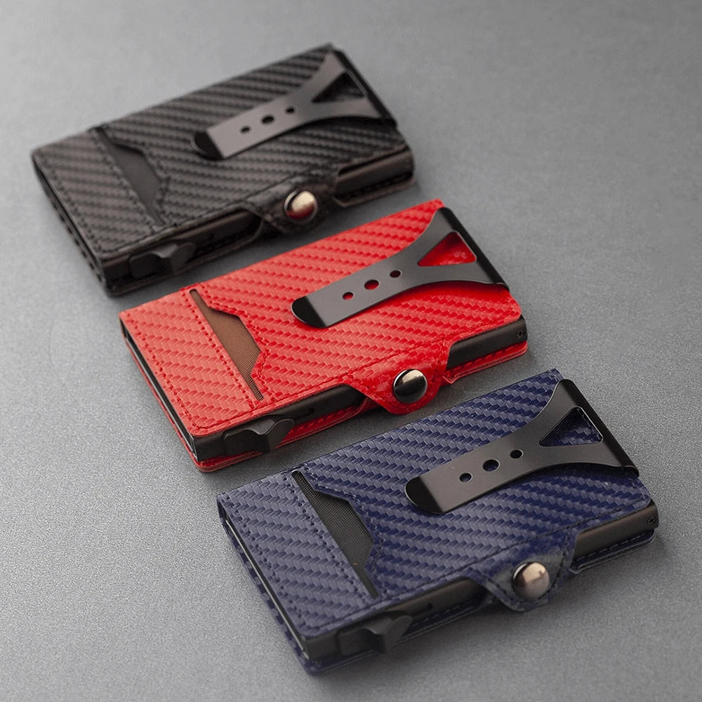 Men Business Card Holder Carbon Fiber Leather Automatic Small Purse RFID Popup Credit Wallet Cardholder Portafoglio Uomo