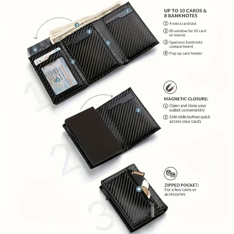 Men'S Wallet with Zipper Coin Purse Automatic Pop-Up Metal Credit Card Holder Minimalist RFID Blocking Business Card Wallet Idea