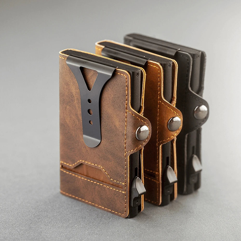 Men Business Card Holder Carbon Fiber Leather Automatic Small Purse RFID Popup Credit Wallet Cardholder Portafoglio Uomo
